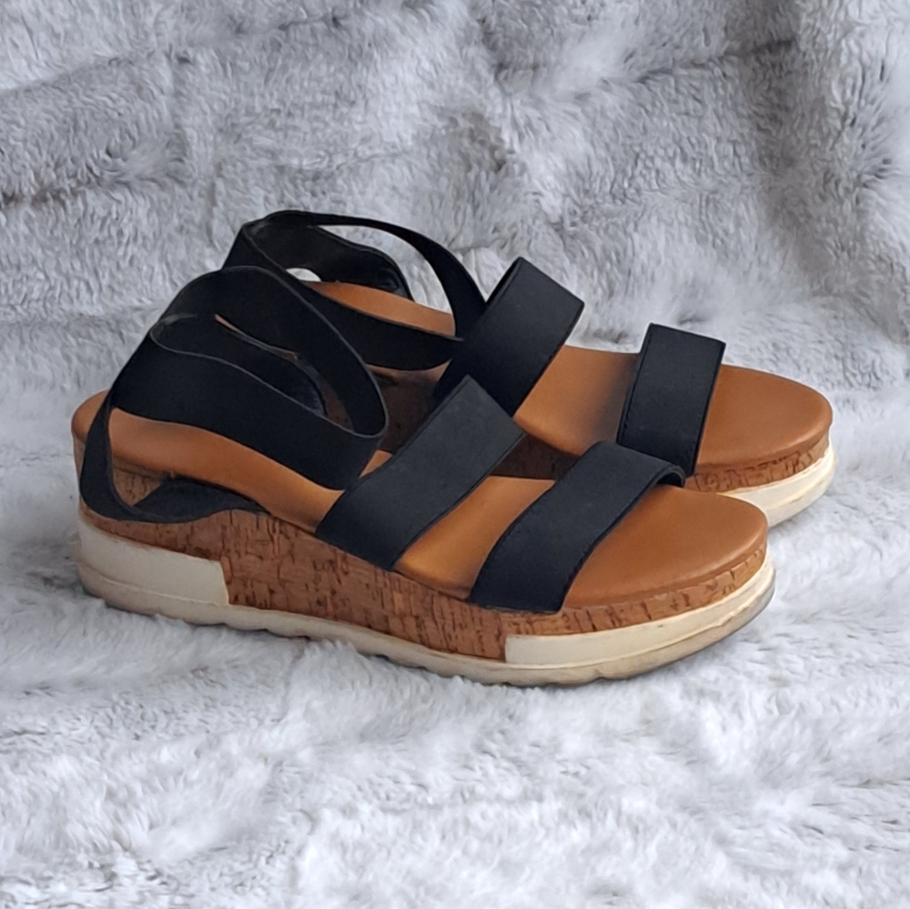 Shoeland black cork wedge open toe sandal. Size 8.5.
